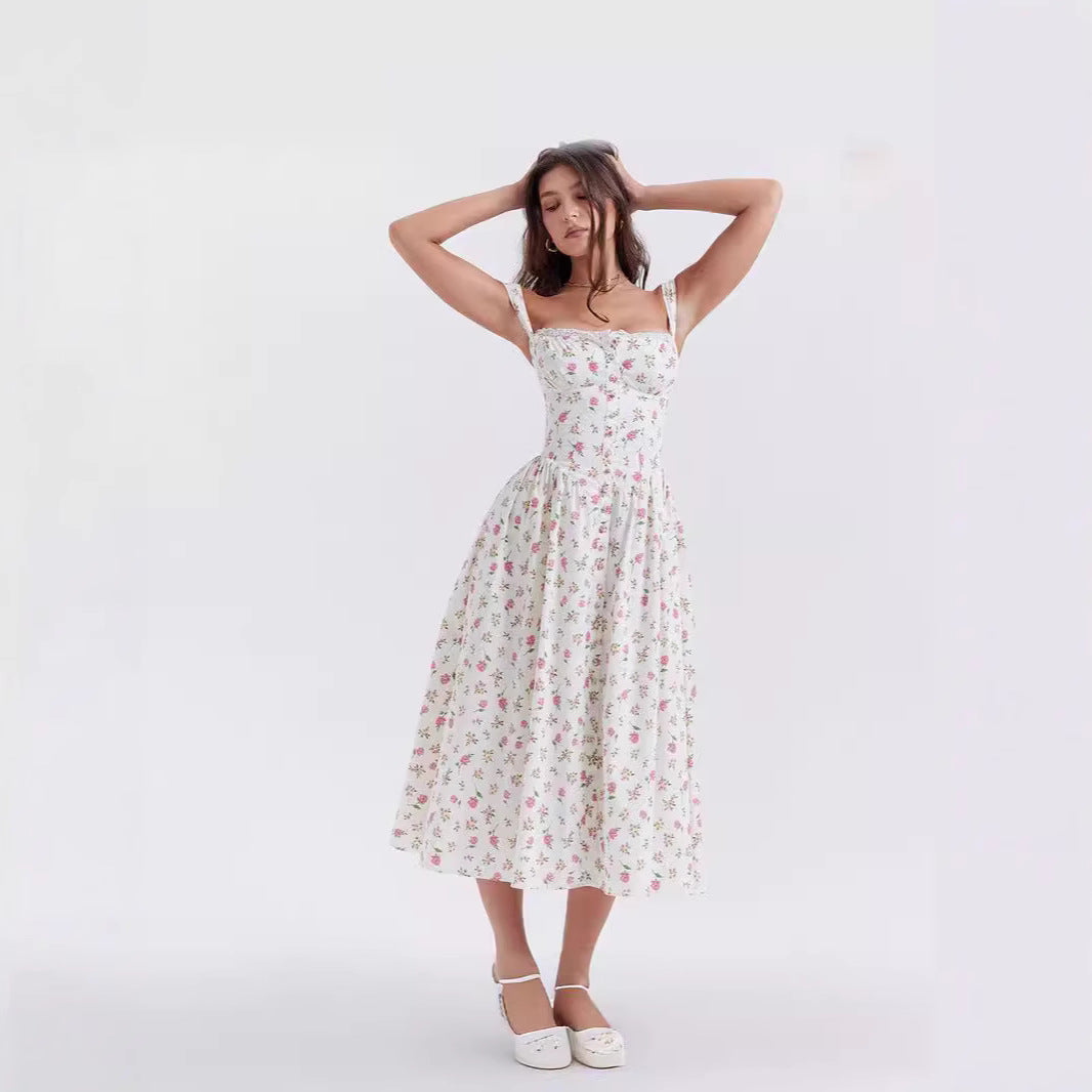 Floral Printed French Lace-Up Halter Dress - Sleeveless Spaghetti Strap Holiday Party Dress with Suspender Detail