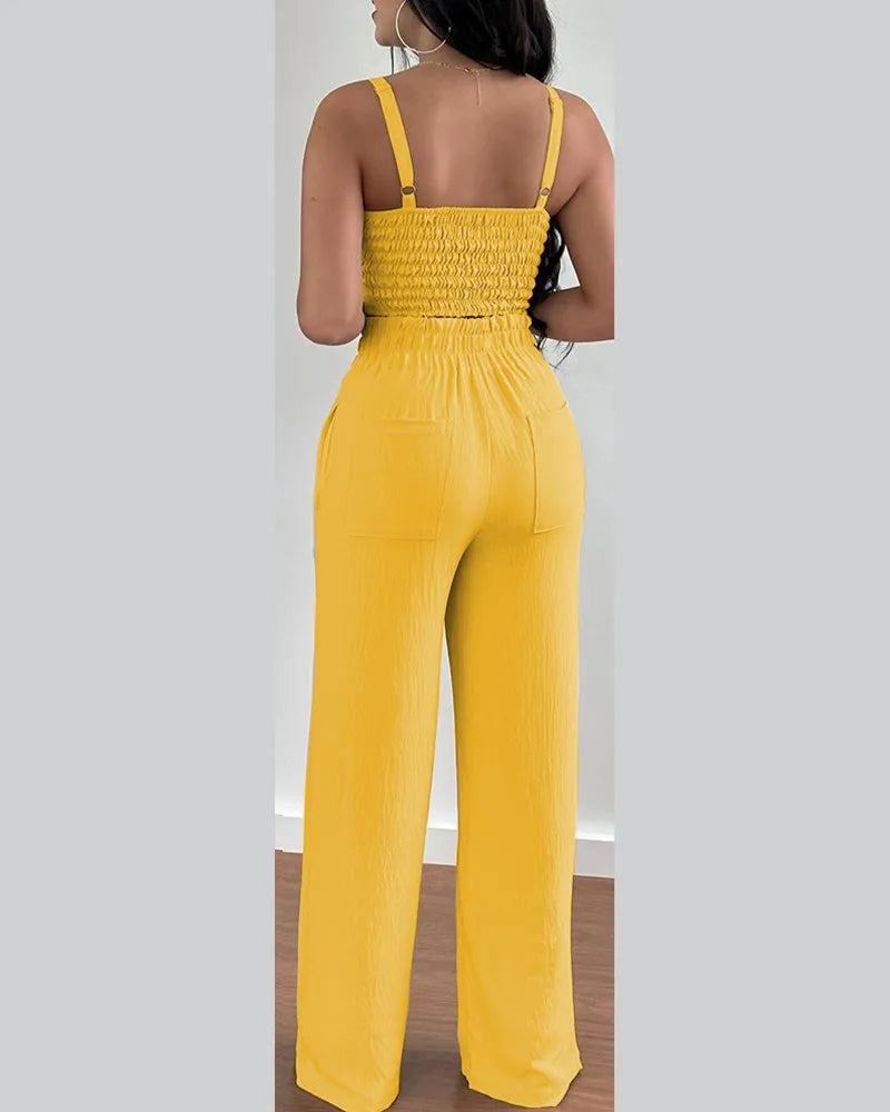 2 Piece Outfits For Women Sexy V-Neck Strap Shirred Slim Crop Top & Lace-up Wide Leg Pants Sets Elegant Office Lady Suit