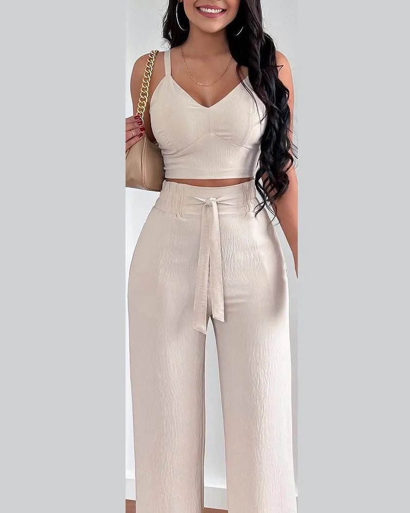 2 Piece Outfits For Women Sexy V-Neck Strap Shirred Slim Crop Top & Lace-up Wide Leg Pants Sets Elegant Office Lady Suit