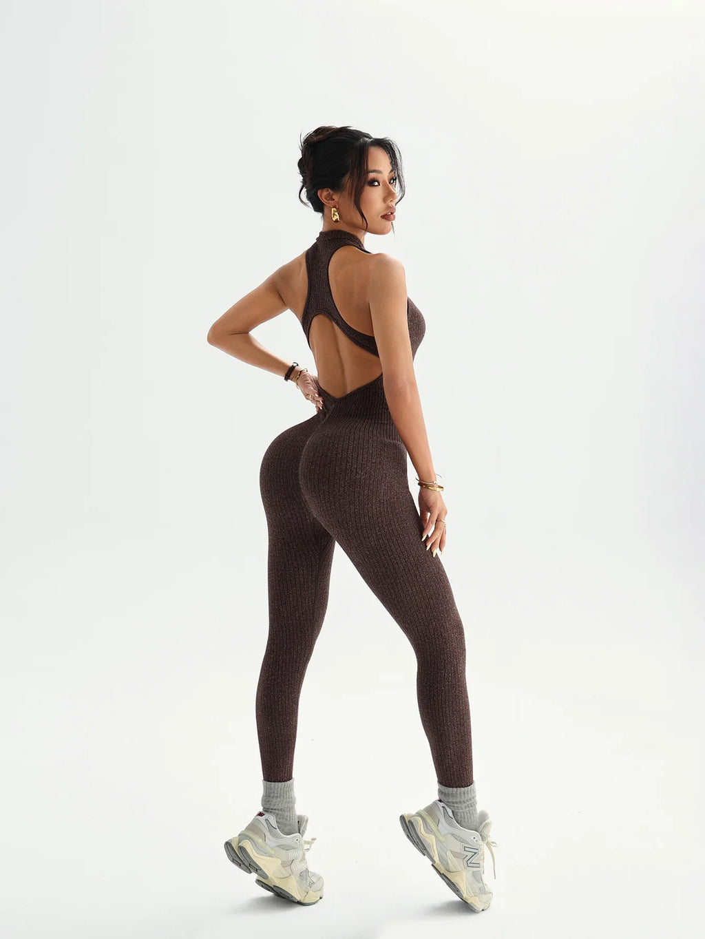 Women Seamless Yoga Jumpsuit Workout Bodysuit Tummy Control Butt-Lifting Gym Clothes Sleek Sportswear Striped Athletic Outfit
