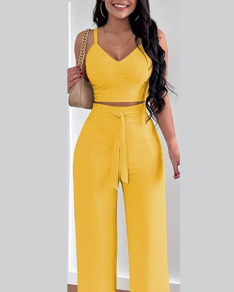 2 Piece Outfits For Women Sexy V-Neck Strap Shirred Slim Crop Top & Lace-up Wide Leg Pants Sets Elegant Office Lady Suit
