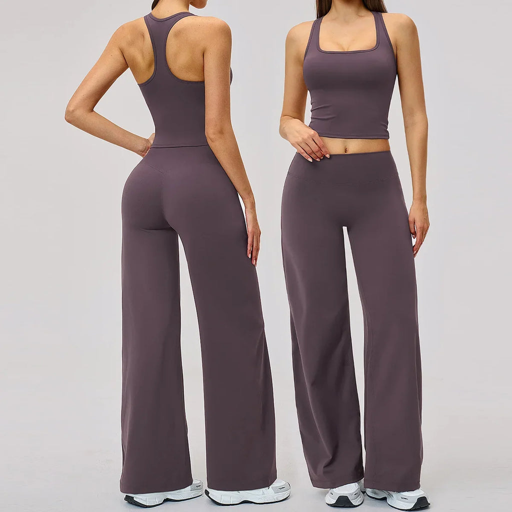 2 Piece Yoga Clothes Women Tracksuit Athletic Wear Pilates Fitness Suit Gym Workout Sets Push Up Sports Vest Wide Leg Pant Suit