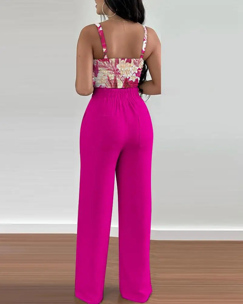 2 Piece Outfits For Women Sexy V-Neck Strap Shirred Slim Crop Top & Lace-up Wide Leg Pants Sets Elegant Office Lady Suit