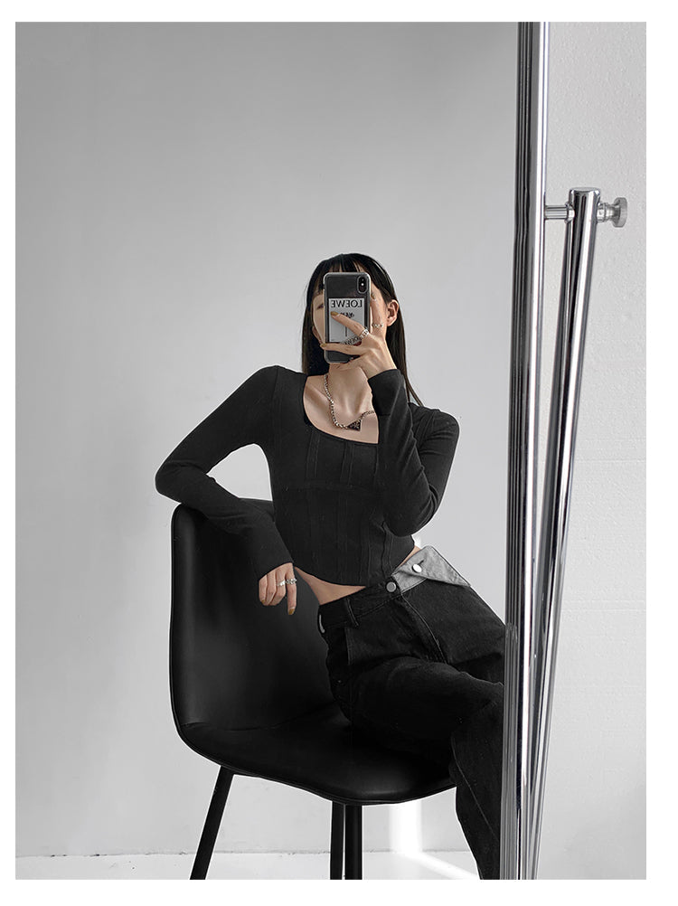 Fishbone Pattern Women's Long Sleeve T-shirt High Waist Slim Square Collar Tops Woman