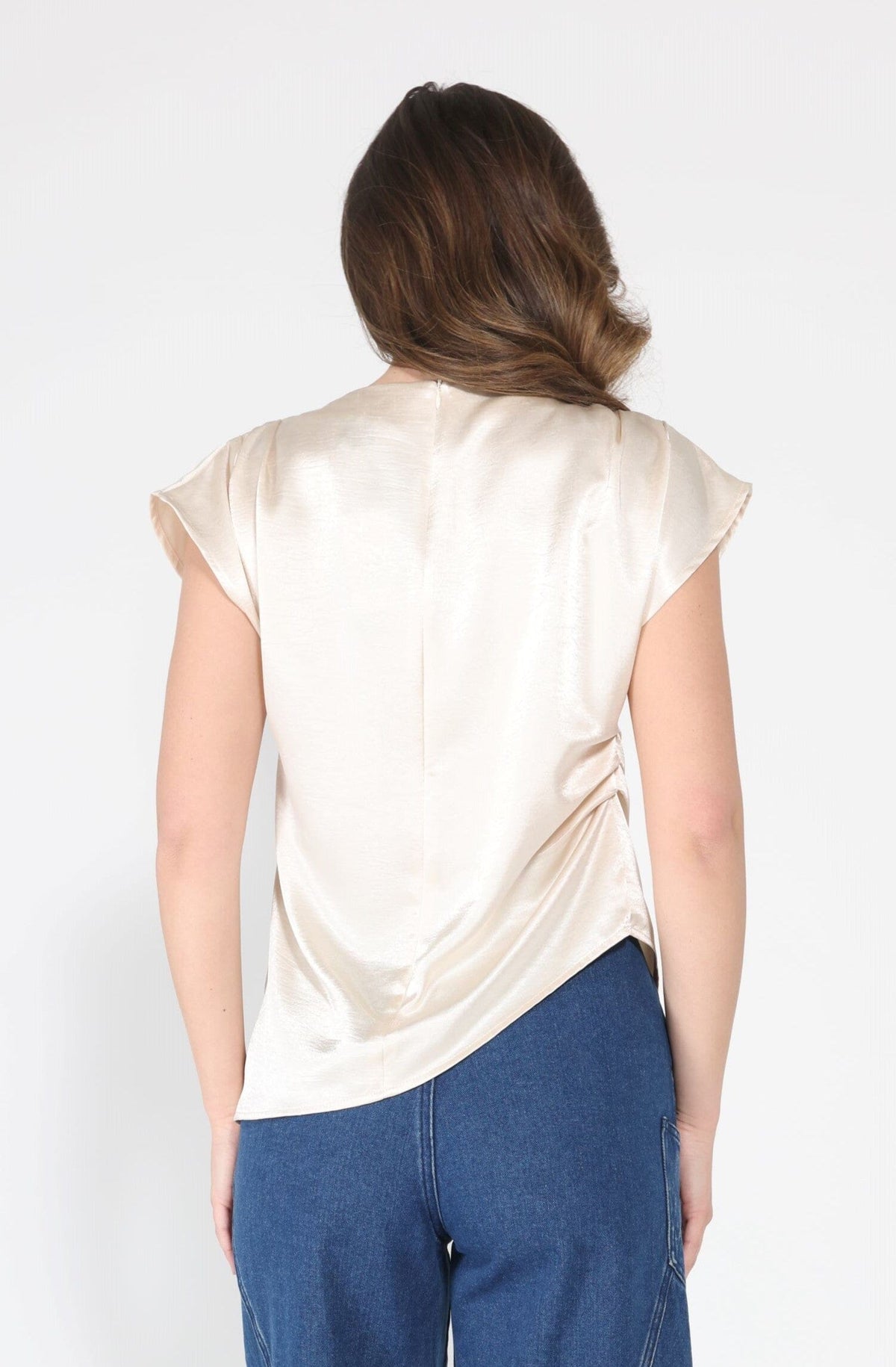 Gracia Fashion Women's Asymmetrical side pleats short sleeve top
