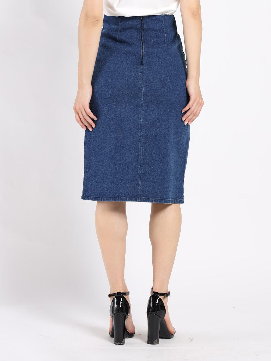 Gracia Fashion Women's Floral Embroidered Front Slit Denim Skirt