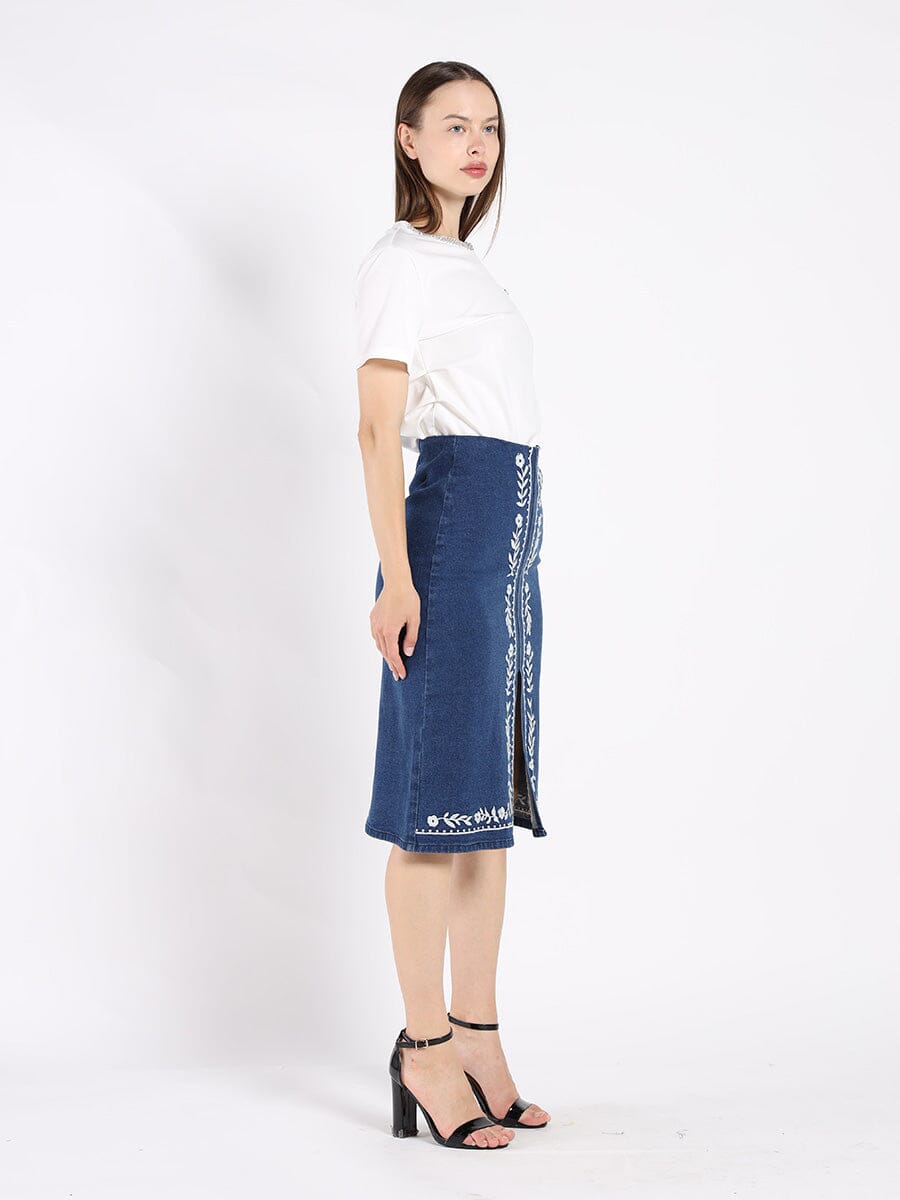 Gracia Fashion Women's Floral Embroidered Front Slit Denim Skirt