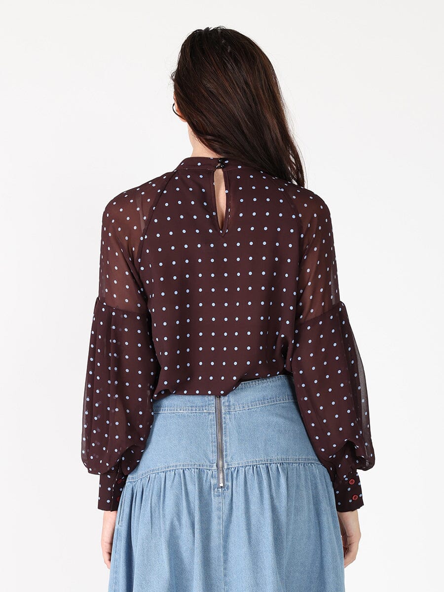 Gracia Fashion Women's Front ruffle detailed balloon sleeve dot print
