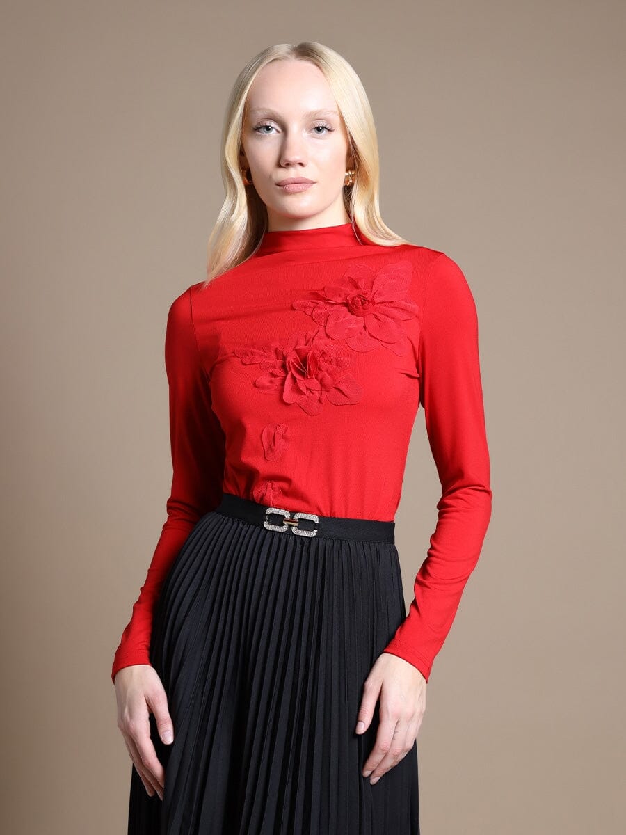 Gracia Fashion Women's Long Sleeve Mock Neck Flower Applique Top