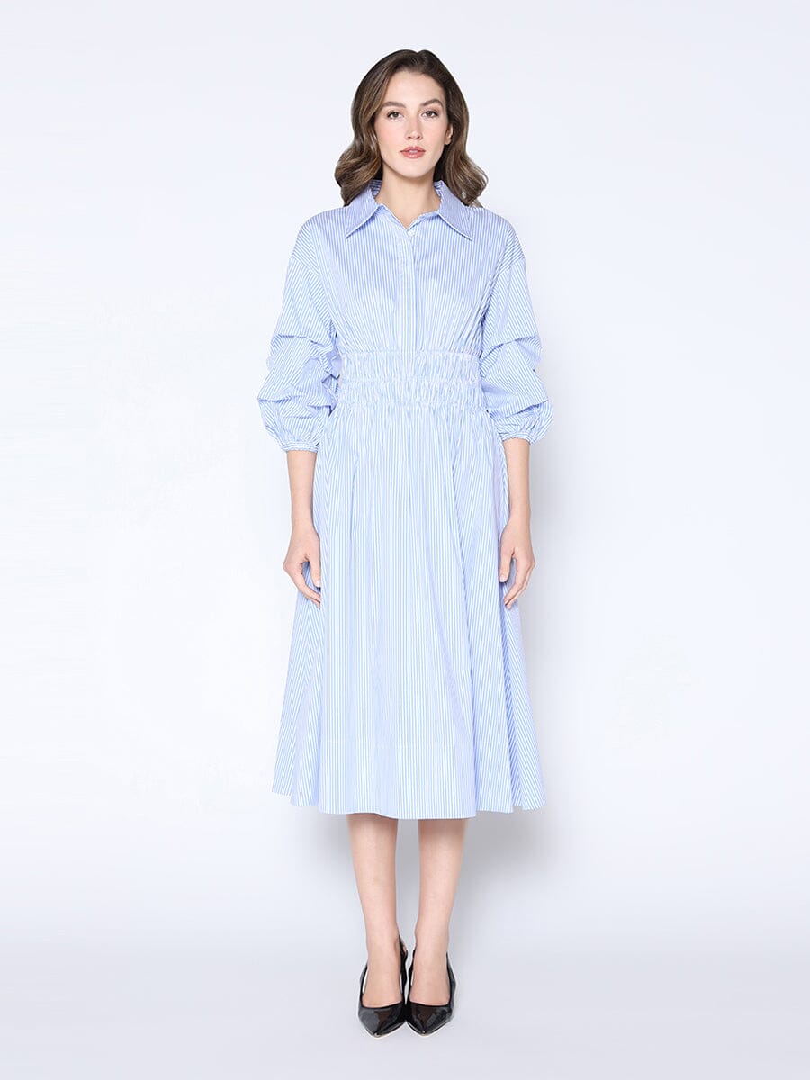 Gracia Fashion Women's Shirred Waist Puff Sleeve Stripe Cotton Dress